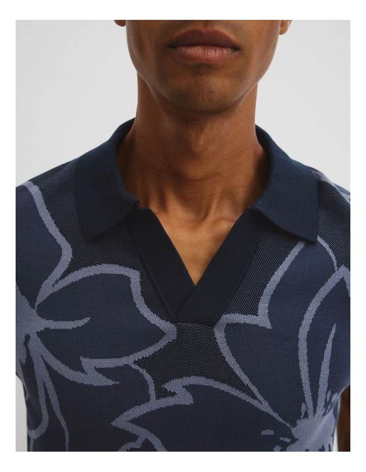 Oversized Australian Cotton Floral Knit Polo T-shirt in Navy image 2