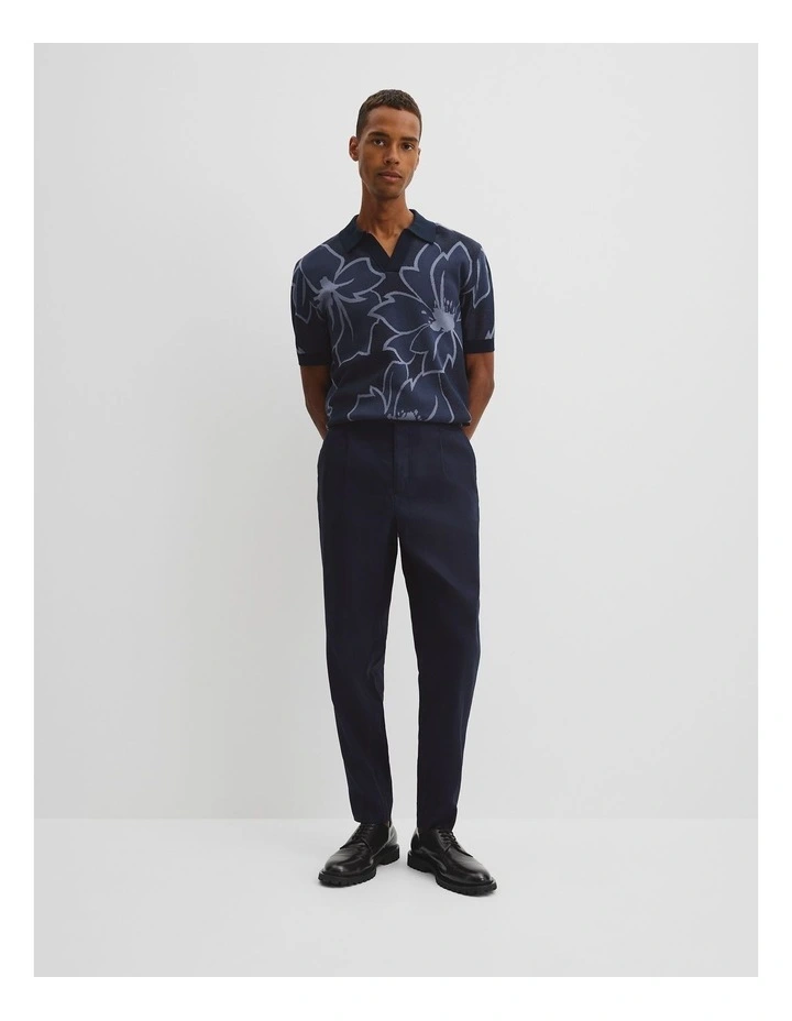 Oversized Australian Cotton Floral Knit Polo T-shirt in Navy image 3