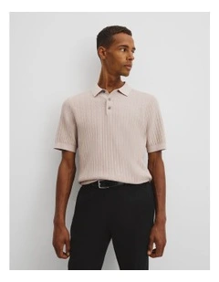Australian Cotton Herringbone Knit Polo in Beige