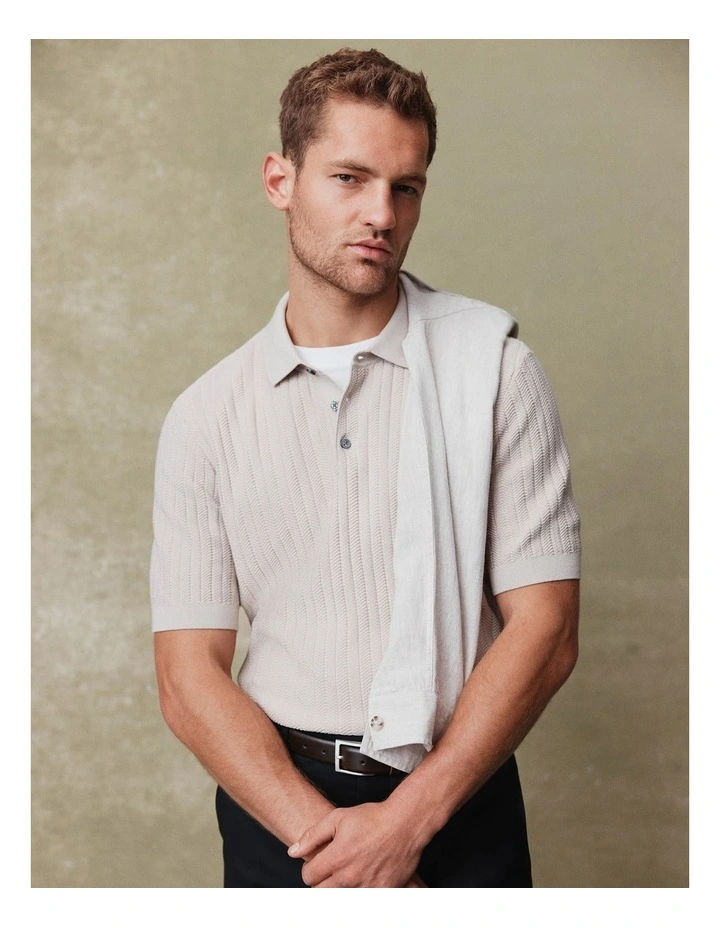 Australian Cotton Herringbone Knit Polo in Beige image 2