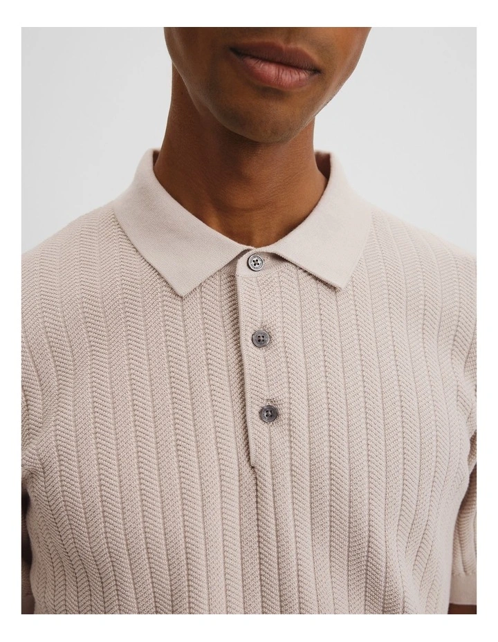 Australian Cotton Herringbone Knit Polo in Beige image 3