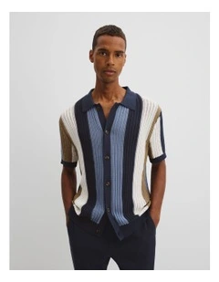 Oversized Australian Cotton Textured Stretch Knit Shirt in Navy Multi