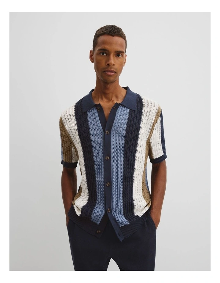 Oversized Australian Cotton Textured Stretch Knit Shirt in Navy Multi image 1