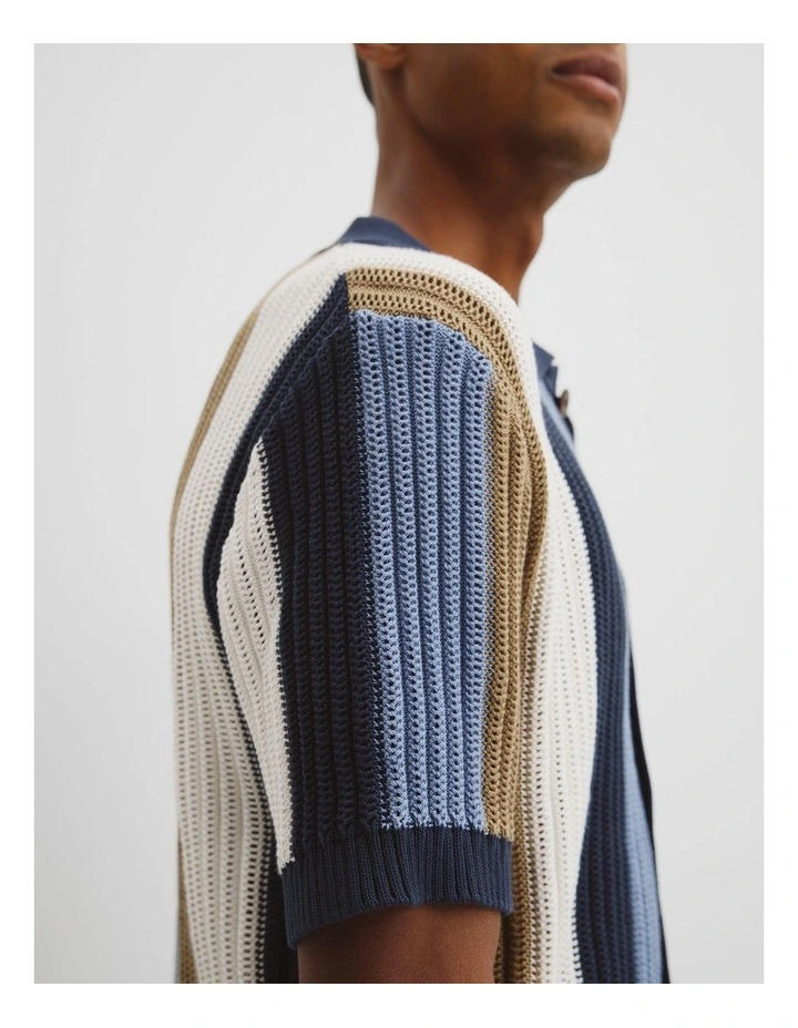 Oversized Australian Cotton Textured Stretch Knit Shirt in Navy Multi image 2