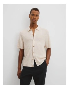 Short Sleeve Cotton Linen Knit Shirt in Cream