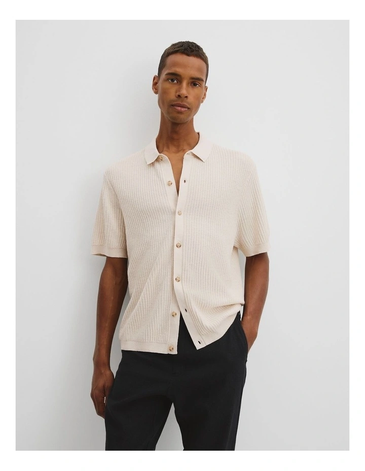 Short Sleeve Cotton Linen Knit Shirt in Cream image 1