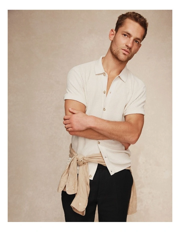 Short Sleeve Cotton Linen Knit Shirt in Cream image 2