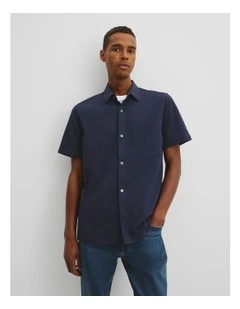 Short Sleeve Seersucker Cuban Shirt in Navy