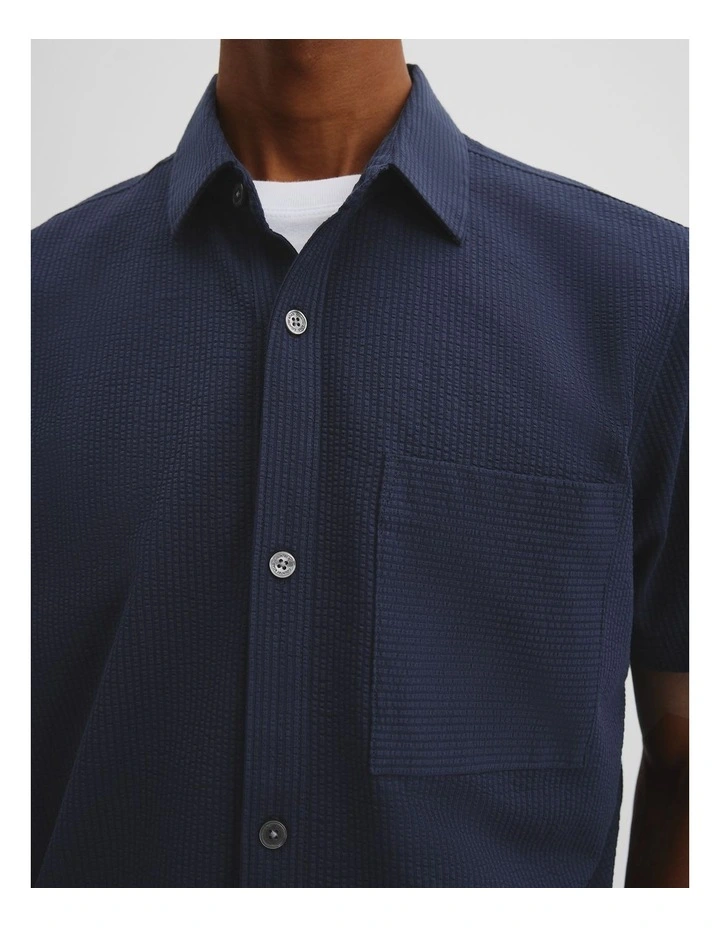 Short Sleeve Seersucker Cuban Shirt in Navy image 2