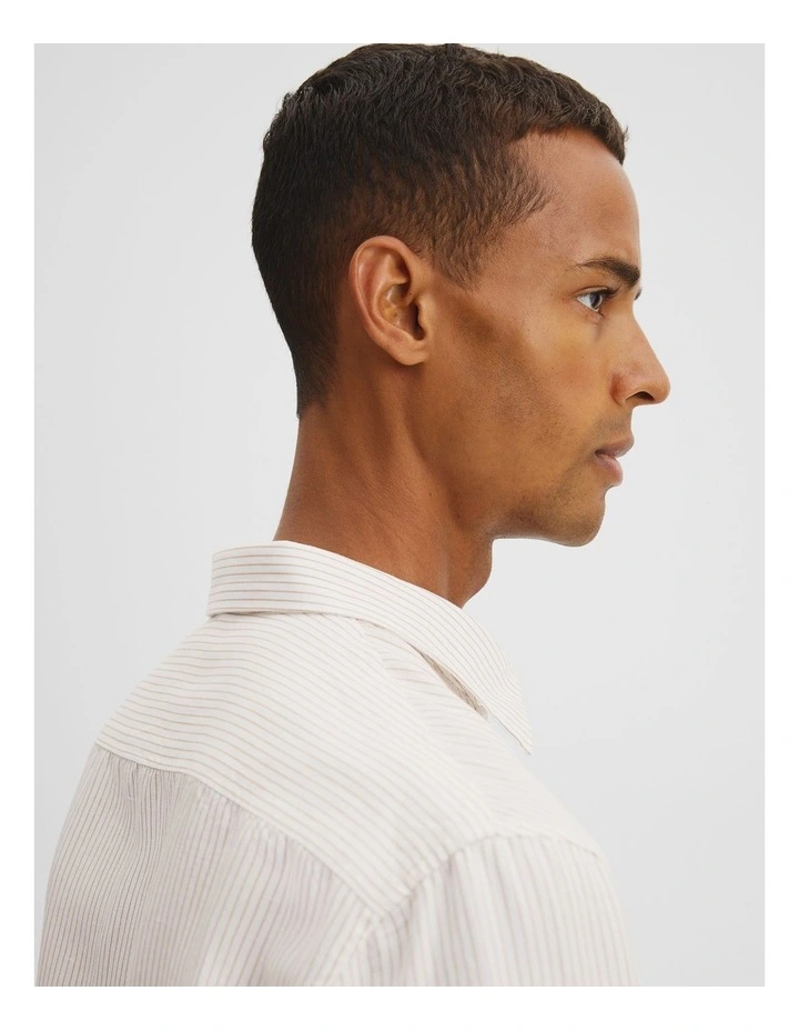 Slim Fit Tencel Linen Stripe Shirt in White image 3