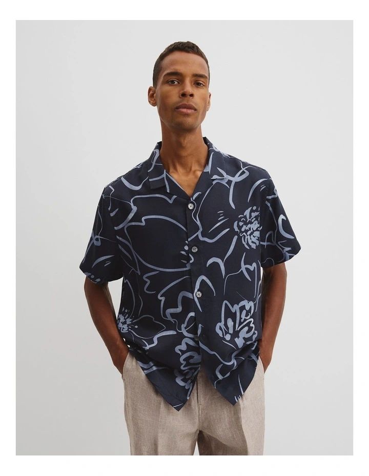 Short Sleeve Cuban Floral Print Shirt in Navy image 1