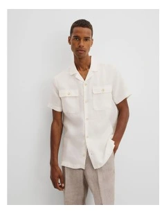 Short Sleeve Double Pocket Textured Linen Shirt in Oat