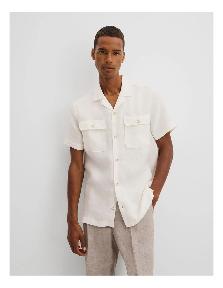 Short Sleeve Double Pocket Textured Linen Shirt in Oat image 1
