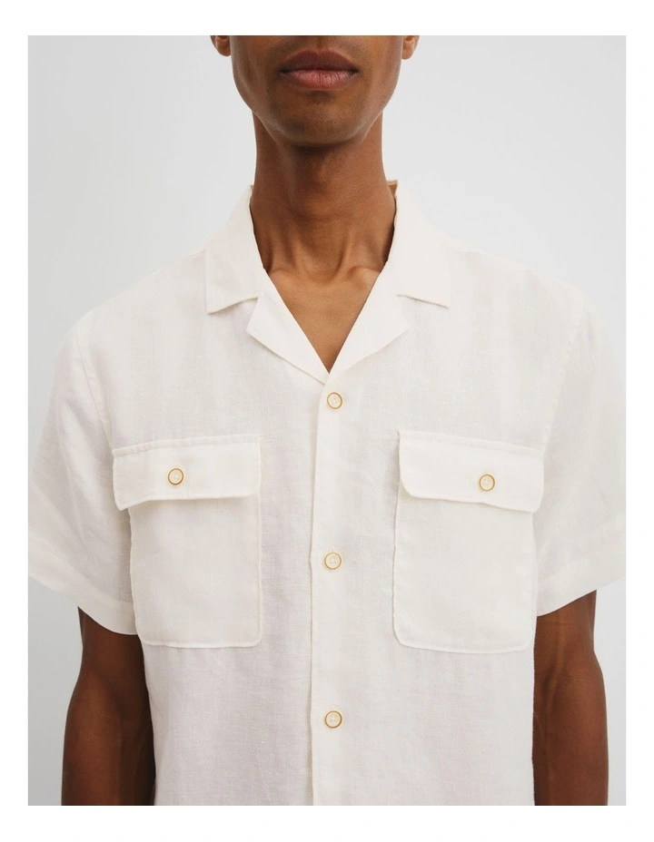 Short Sleeve Double Pocket Textured Linen Shirt in Oat image 2