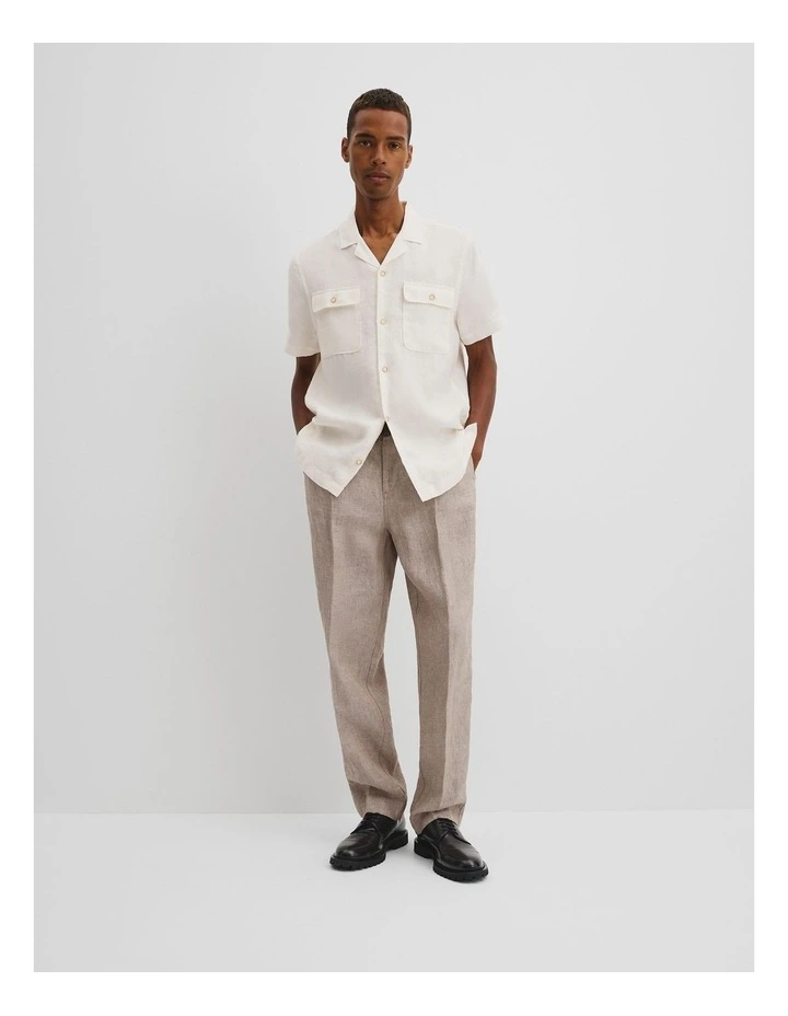 Short Sleeve Double Pocket Textured Linen Shirt in Oat image 3
