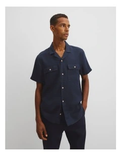 Short Sleeve Double Pocket Textured Linen Shirt in Navy