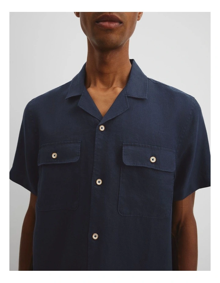 Short Sleeve Double Pocket Textured Linen Shirt in Navy image 2