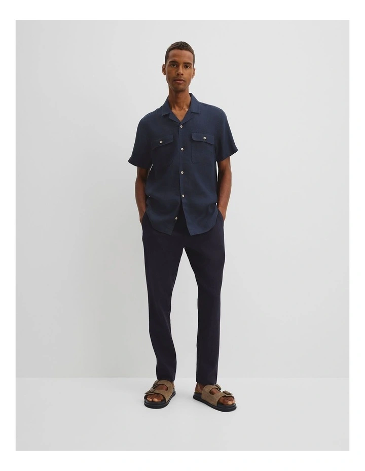 Short Sleeve Double Pocket Textured Linen Shirt in Navy image 3