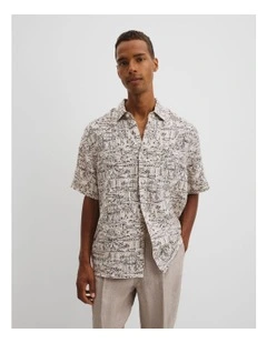 Organically Grown Linen Short Sleeve Novelty Print Shirt in Almond