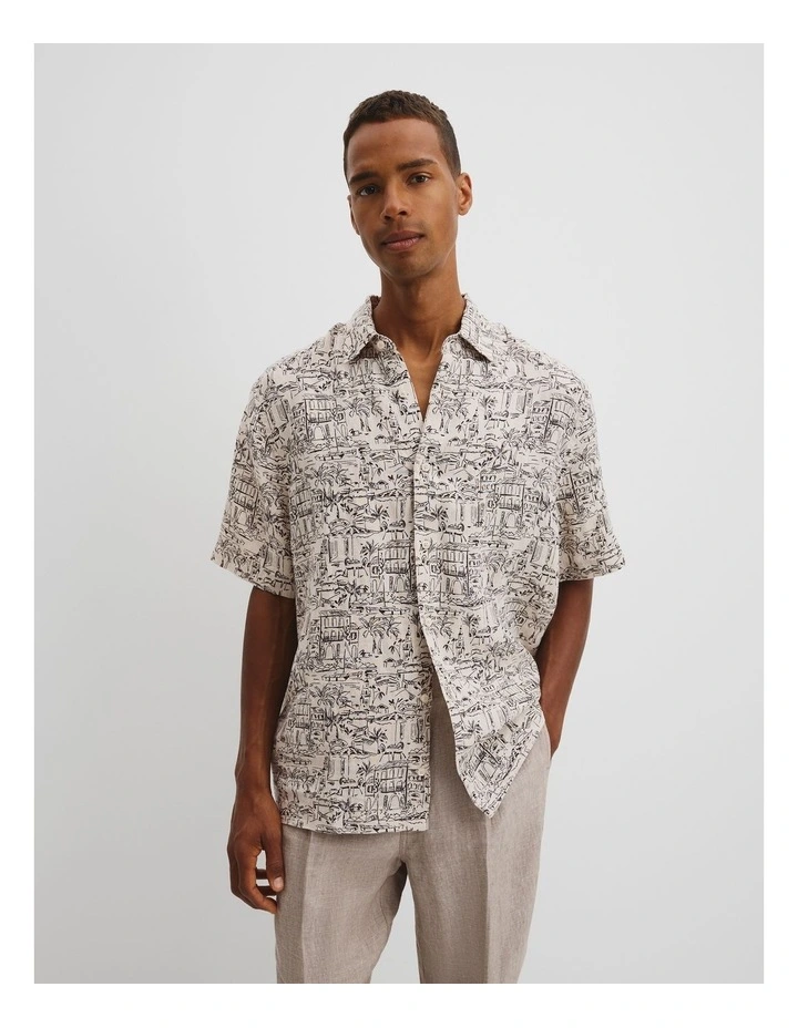 Organically Grown Linen Short Sleeve Novelty Print Shirt in Almond image 1