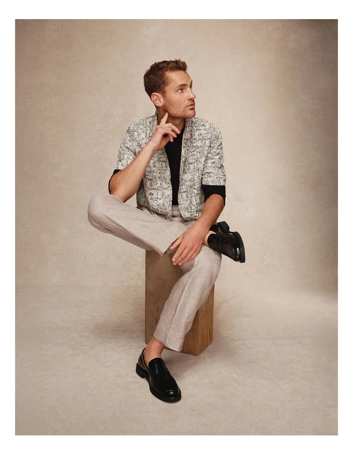 Organically Grown Linen Short Sleeve Novelty Print Shirt in Almond image 2