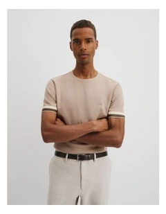 Tipped Cuff Textured T-shirt in Beige