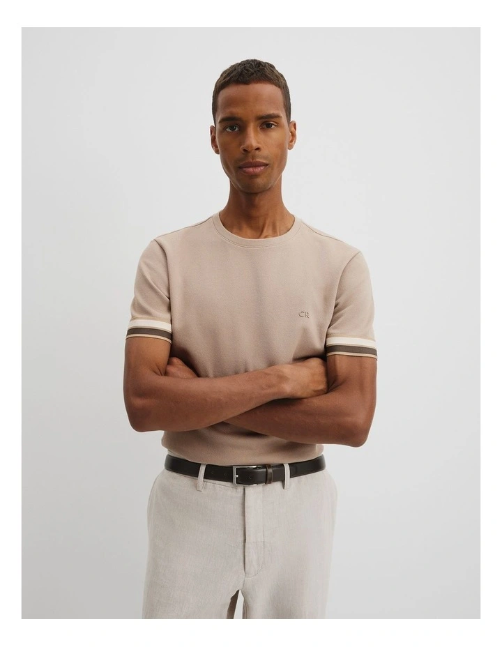 Tipped Cuff Textured T-shirt in Beige image 1