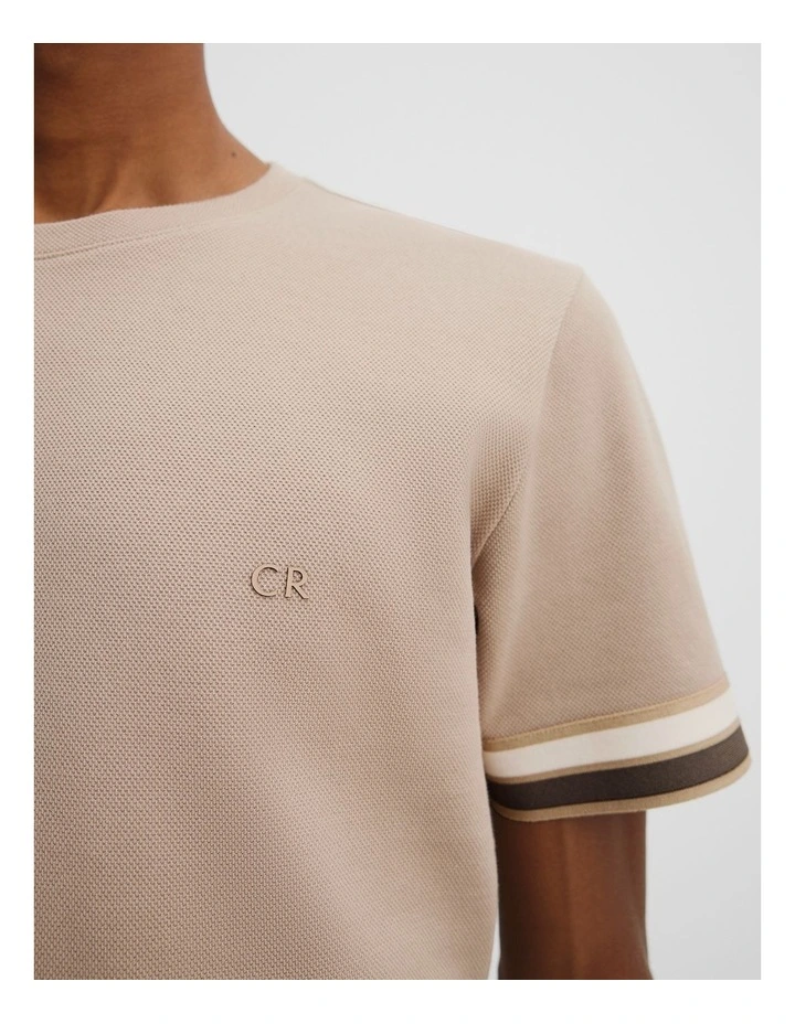 Tipped Cuff Textured T-shirt in Beige image 2
