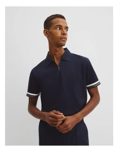 Tipped Cuff Textured Zip Polo T-shirt in Navy
