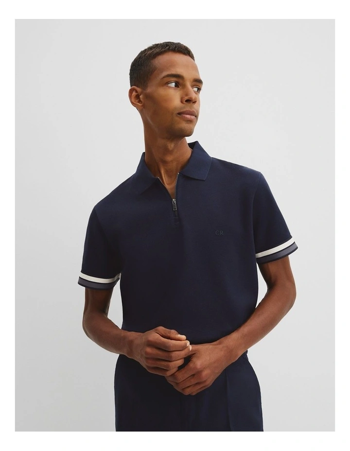 Tipped Cuff Textured Zip Polo T-shirt in Navy image 1