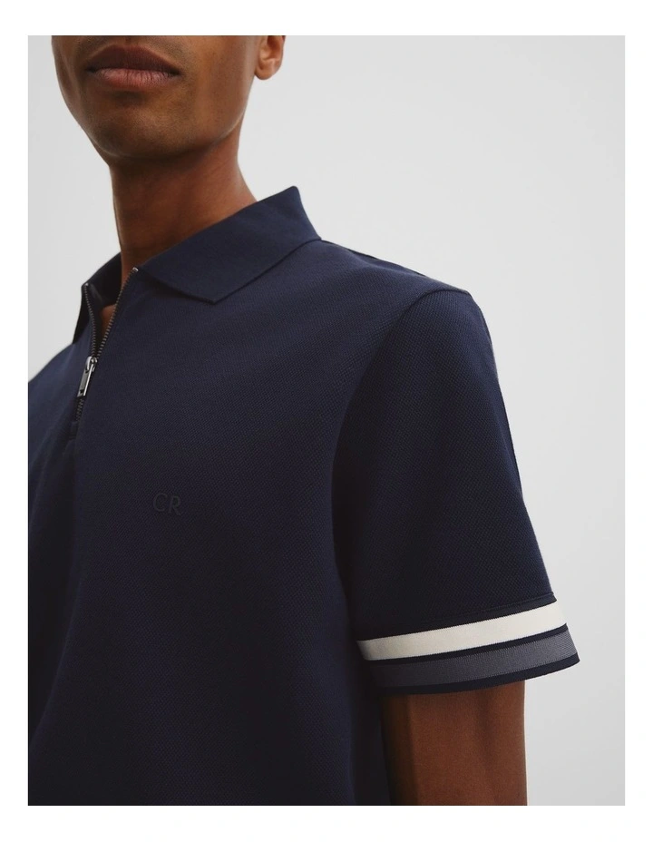 Tipped Cuff Textured Zip Polo T-shirt in Navy image 2