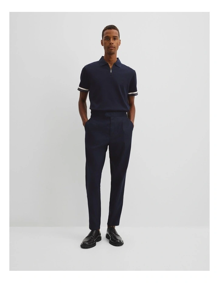 Tipped Cuff Textured Zip Polo T-shirt in Navy image 3