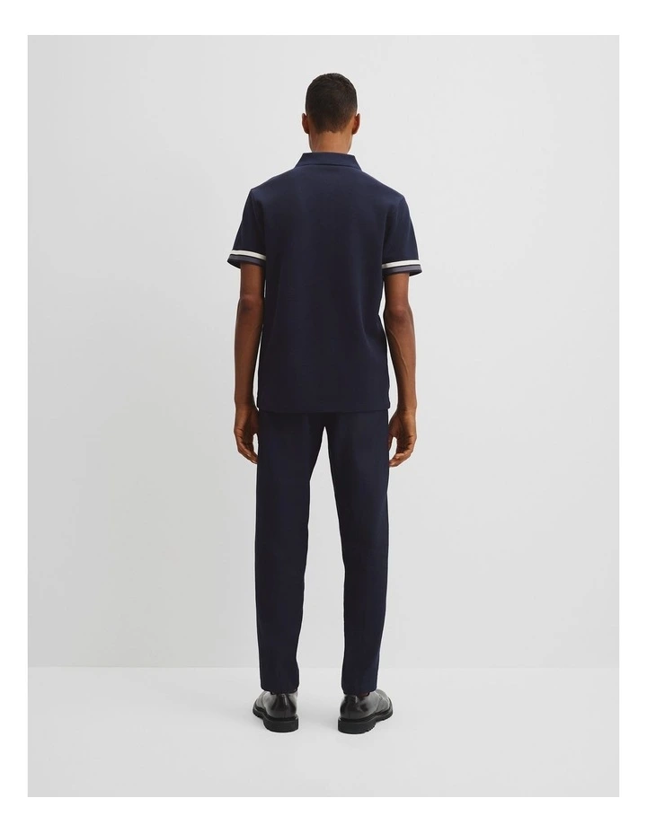 Tipped Cuff Textured Zip Polo T-shirt in Navy image 4