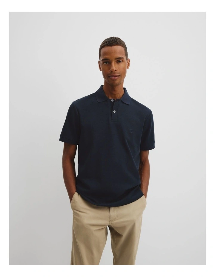 Short Sleeve Australian Cotton Textured Polo T-shirt in Navy image 1