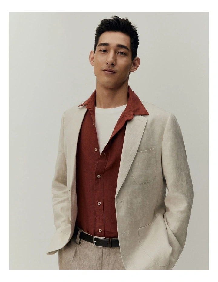 Herringbone Linen Single Breasted Jacket in Ecru image 2