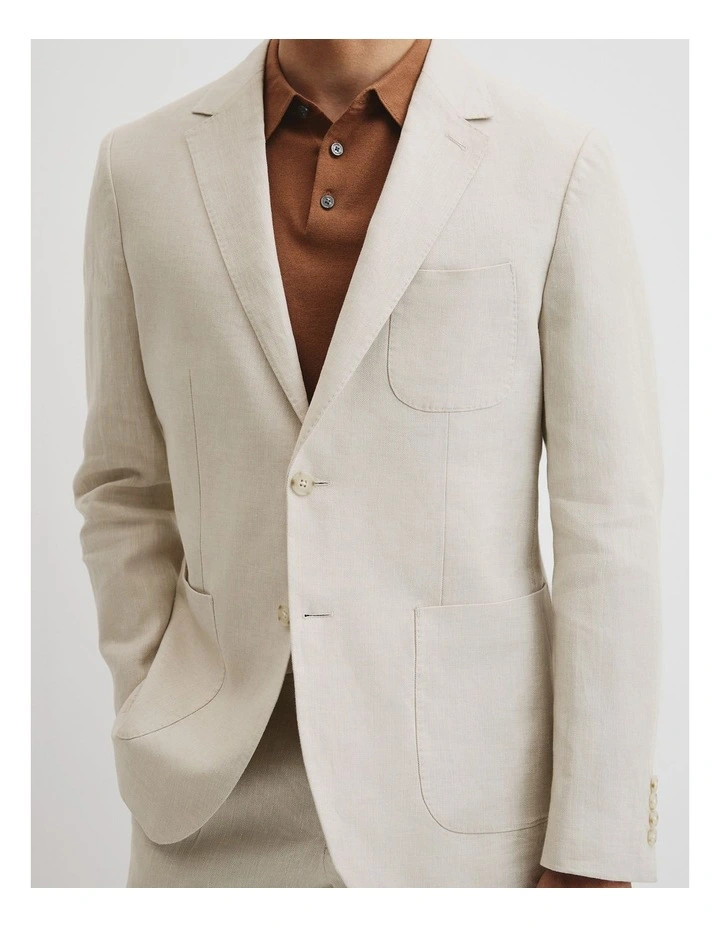 Herringbone Linen Single Breasted Jacket in Ecru image 3