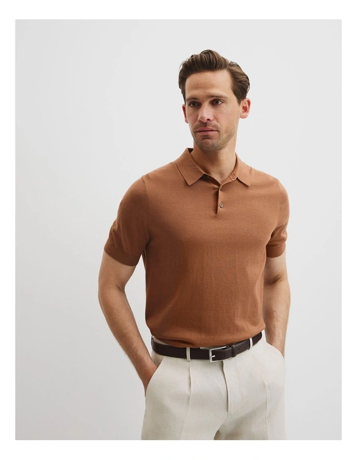 Australian Cotton Blend Silk Button Polo in Honey Melange image 1