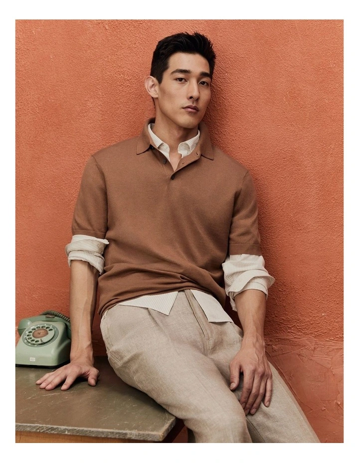 Australian Cotton Blend Silk Button Polo in Honey Melange image 2