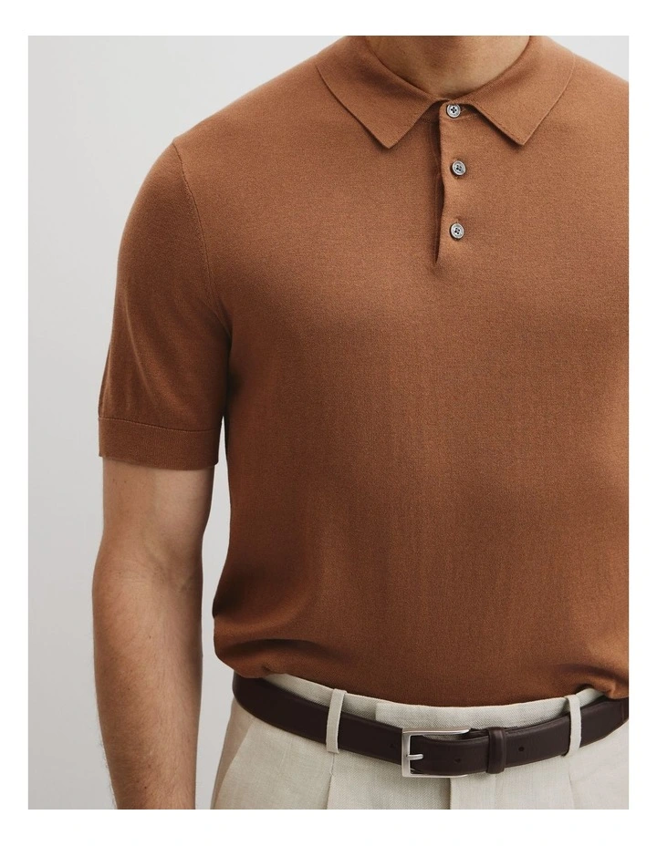 Australian Cotton Blend Silk Button Polo in Honey Melange image 3
