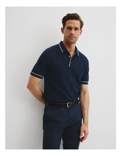 Australian Cotton Silk Tipped Knit Polo in Navy