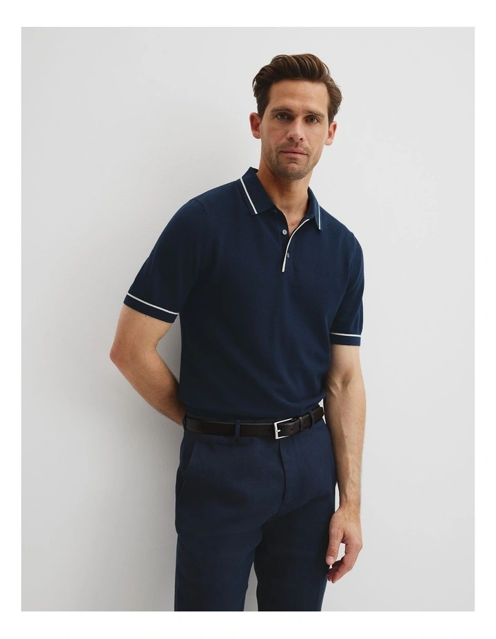 Australian Cotton Silk Tipped Knit Polo in Navy image 1