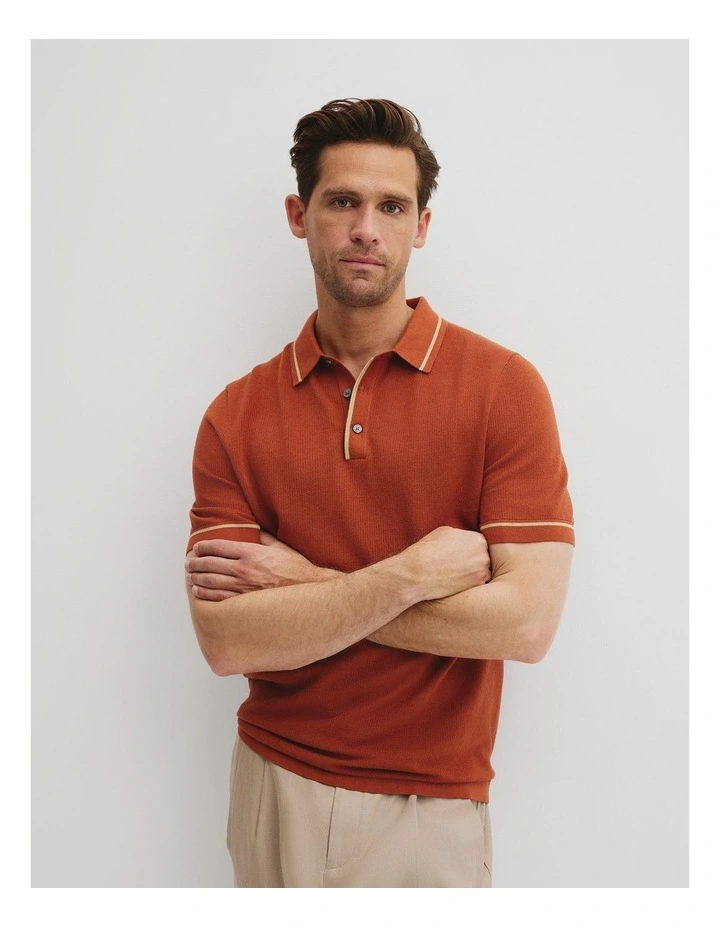 Australian Cotton Silk Tipped Knit Polo in Spice image 1