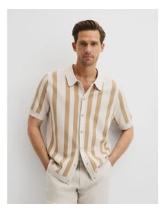 Organically Grown Cotton Stripe Knit Shirt in Taupe