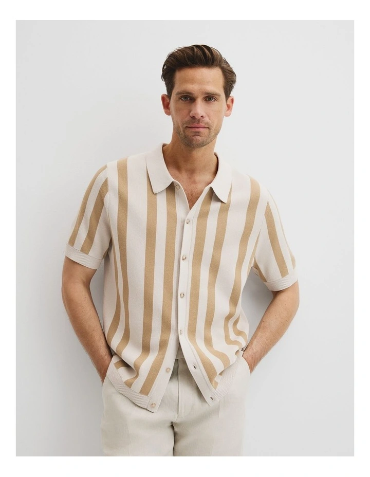 Organically Grown Cotton Stripe Knit Shirt in Taupe image 1