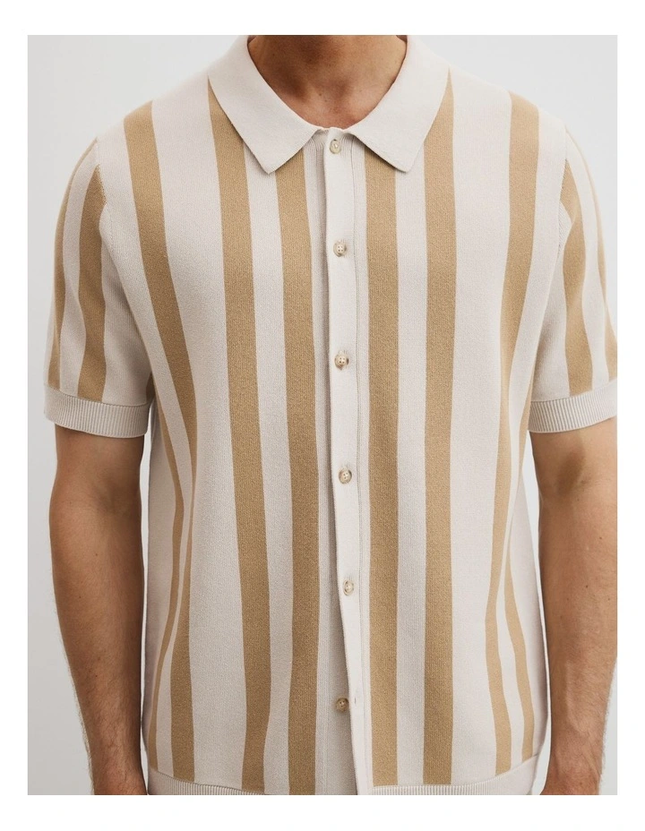 Organically Grown Cotton Stripe Knit Shirt in Taupe image 2