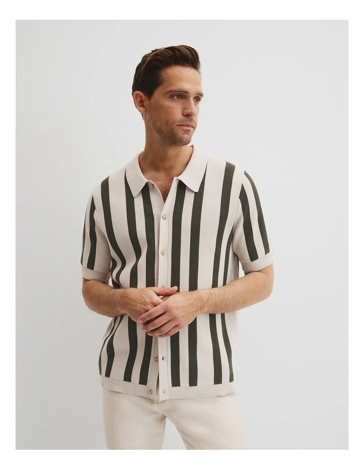 Organically Grown Cotton Stripe Knit Shirt in Khaki Green image 2