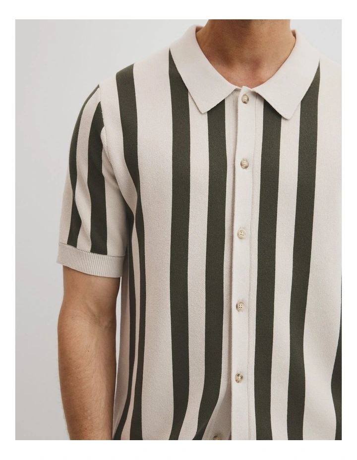 Organically Grown Cotton Stripe Knit Shirt in Khaki Green image 3
