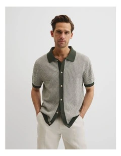 Australian Cotton Textured Knit Shirt in Khaki Green