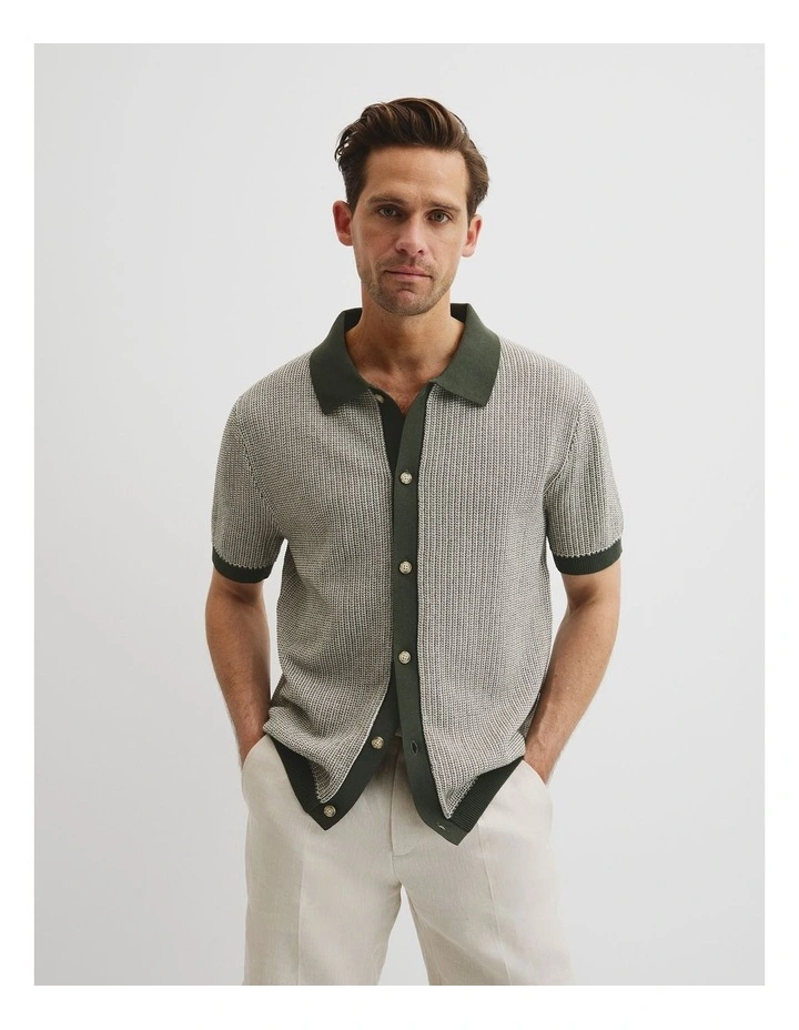 Australian Cotton Textured Knit Shirt in Khaki Green image 1