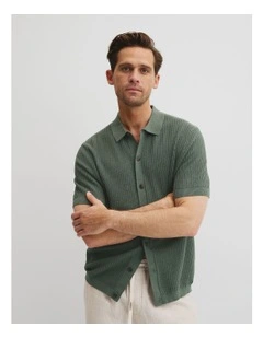 Short Sleeve Cotton Linen Knit Shirt in Thyme